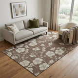 5' X 8' Brown And Beige Floral Washable Area Rug With UV Protection