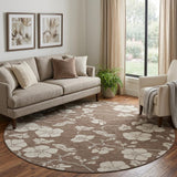 8' Brown And Beige Floral Washable Round Rug With UV Protection