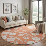 8' Coral And Ivory Floral Washable Round Rug With UV Protection