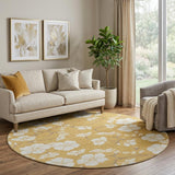 8' Gold And Ivory Floral Washable Round Rug With UV Protection