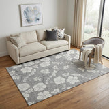 5' X 8' Gray And Ivory Floral Washable Area Rug With UV Protection
