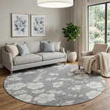 8' Gray And Ivory Floral Washable Round Rug With UV Protection