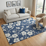 5' X 8' Navy Blue And Ivory Floral Washable Area Rug With UV Protection