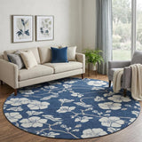 8' Navy Blue And Ivory Floral Washable Round Rug With UV Protection