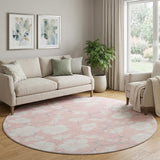 8' Pink And Ivory Floral Washable Round Rug With UV Protection