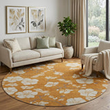 8' Rust And Beige Floral Washable Round Rug With UV Protection