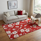 5' X 8' Red And Ivory Floral Washable Area Rug With UV Protection