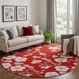 8' Red And Ivory Floral Washable Round Rug With UV Protection