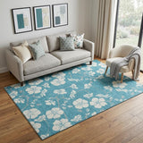 5' X 8' Turquoise And Ivory Floral Washable Area Rug With UV Protection