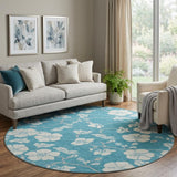 8' Turquoise And Ivory Floral Washable Round Rug With UV Protection