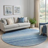 8' Blue And Ivory Striped Washable Round Rug With UV Protection