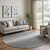 8' Gray And Silver Striped Washable Round Rug With UV Protection