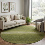 8' Olive Green And Ivory Striped Washable Round Rug With UV Protection