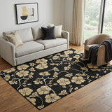 5' X 8' Black And Wheat Floral Washable Area Rug With UV Protection