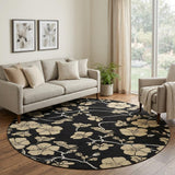 8' Black And Wheat Floral Washable Round Rug With UV Protection