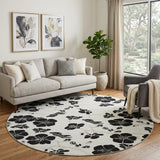 8' Ivory And Black Floral Washable Round Rug With UV Protection