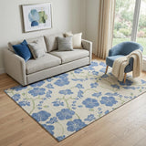 5' X 8' Linen Blue And Green Floral Washable Area Rug With UV Protection