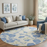 8' Linen Blue And Green Floral Washable Round Rug With UV Protection