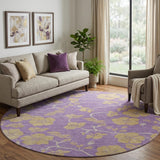 8' Purple And Gold Floral Washable Round Rug With UV Protection