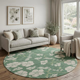 8' Sage And Beige Floral Washable Round Rug With UV Protection
