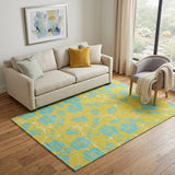 5' X 8' Yellow And Aqua Floral Washable Area Rug With UV Protection