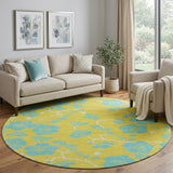 8' Yellow And Aqua Floral Washable Round Rug With UV Protection