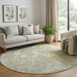 8' Artichoke Green Taupe And Ivory Abstract Washable Round Rug With UV Protection