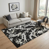 5' X 8' Black Ivory And Gray Abstract Washable Area Rug With UV Protection