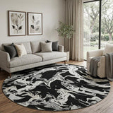 8' Black Ivory And Gray Abstract Washable Round Rug With UV Protection