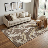 5' X 8' Brown Ivory And Gold Abstract Washable Area Rug With UV Protection