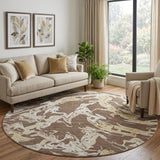 8' Brown Ivory And Gold Abstract Washable Round Rug With UV Protection