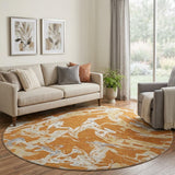 8' Copper Gray And Ivory Abstract Washable Round Rug With UV Protection