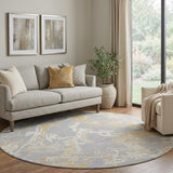 8' Gray Gold And Ivory Abstract Washable Round Rug With UV Protection