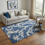 5' X 8' Navy Blue Ivory And Gray Abstract Washable Area Rug With UV Protection