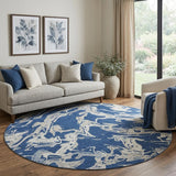 8' Navy Blue Ivory And Gray Abstract Washable Round Rug With UV Protection