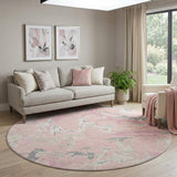 8' Pink Ivory And Gray Abstract Washable Round Rug With UV Protection