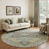 8' Beige Sage And Ivory Oriental Washable Round Rug With UV Protection
