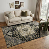 5' X 8' Black Gold And Beige Oriental Washable Area Rug With UV Protection
