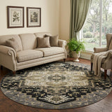 8' Black Gold And Beige Oriental Washable Round Rug With UV Protection