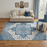 5' X 8' Blue Ivory And Gray Oriental Washable Area Rug With UV Protection