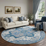 8' Blue Ivory And Gray Oriental Washable Round Rug With UV Protection