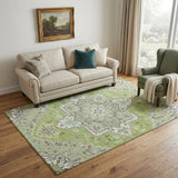 5' X 8' Green Ivory And Gray Oriental Washable Area Rug With UV Protection
