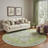 8' Green Ivory And Gray Oriental Washable Round Rug With UV Protection