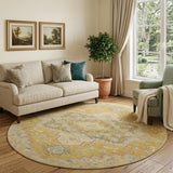 8' Gold Blue And Gray Oriental Washable Round Rug With UV Protection