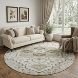 8' Ivory Gray And Beige Oriental Washable Round Rug With UV Protection