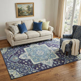 5' X 8' Navy Blue Ivory And Olive Green Oriental Washable Area Rug With UV Protection