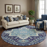 8' Navy Blue Ivory And Olive Green Oriental Washable Round Rug With UV Protection