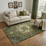 5' X 8' Olive Green Ivory And Beige Oriental Washable Area Rug With UV Protection