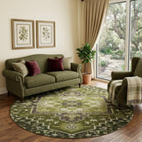 8' Olive Green Ivory And Beige Oriental Washable Round Rug With UV Protection