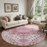 8' Pink Ivory And Gray Oriental Washable Round Rug With UV Protection